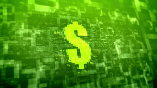 Bright 3d illustration of a yellow dollar sign placed askew in the light green background covered with multilayered square and rectangular forms in holographic presentation
