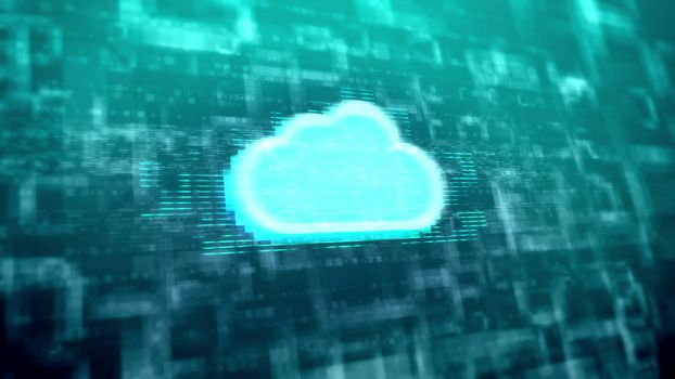 Impressive 3d illustration of a light blue cloud sign placed in the center in the dark blue background covered with multilayered lines and symbols in an abstract presentation