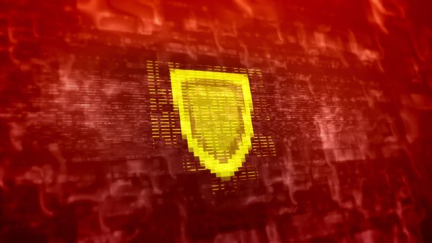 Striking 3d illustration of a yellow shield sign put in the center in the purple background covered with numerous lines and blurred forms in a hi-tech presentation