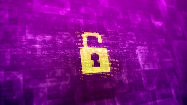Enigmatic 3d rendering of a white unlocked lock sign placed in the center in the violet background covered with various lines and blurred forms in a cyberspace presentation