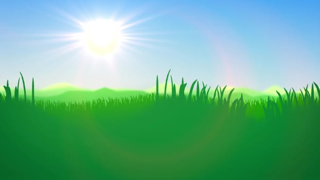 Impressive 3d rendering of a summer sunset in blue and green impressionist colors. The horizon line divides light blue sky and lime green reed, cane and bulrush.