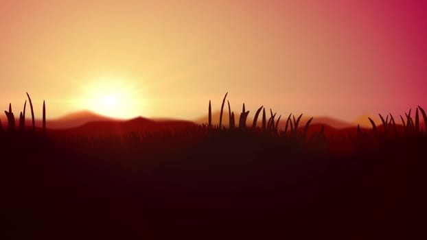 Exciting 3d illustration of a splendid sunset in yallow and brown impressionist colors. The horizon line divides light yellow and pink sky and dark brown reed, cane and bulrush.