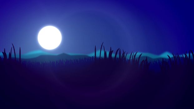 Impressionist 3d illustration of a gorgeous sunset with a huge yellow sun in the light blue sky. The wetland of some lake is covered with dark violet grass, reed and cane
