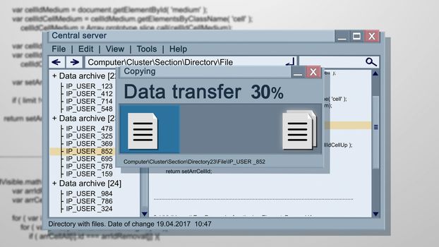 Unusual 3d illustration of an abstract windows data transfer operation of a multilayered character. It includes several pictures imposed on each other. Data transfer 30%. Windows.