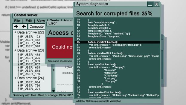 Nonstandard 3d rendering of an abstract file rearch operation of a multilayered character. It has several pictures imposed on each other.  Search for corrupted files 35% is the main one.