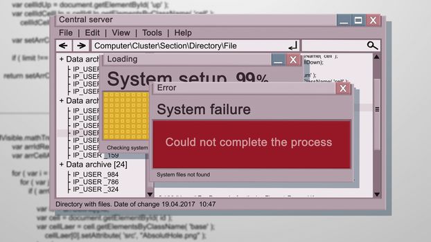 3d illustration of an abstract windows system failure illustration of a holographic type. It contains four tables imposed on each other. System failure. System setup. Central cerver. Windows.