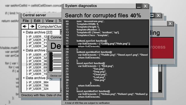 3d rendering of an abstract search for corrupted files 40 per cent illustration of a multilayered  kind. It has five tables imposed on each other. System diagnostics. System setup. Central cerver. 
