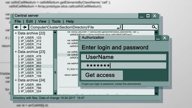 Optimistic 3d illustration of an abstract authorization process illustration of a gray color. It has three tablets put on each other. Enter login and password. Central cerver. Windows. 
