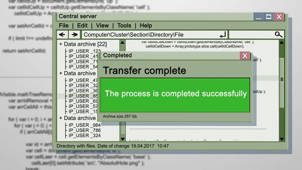 Multilayered 3d rendering of an abstract transfer complete process illustration of a lime green color. It includes three tablets imposed on each other. Transfer complete. Central cerver. Windows. 