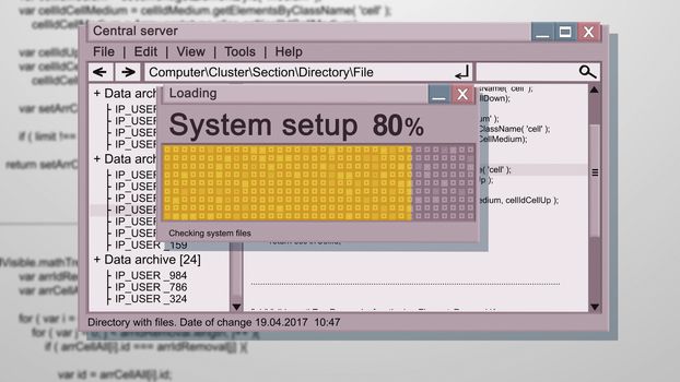 Multicolored 3d illustration of an abstract system setup illustration of yellow and violet colors. It has three tablets. System complete 80 per cent. Central cerver. Windows. 