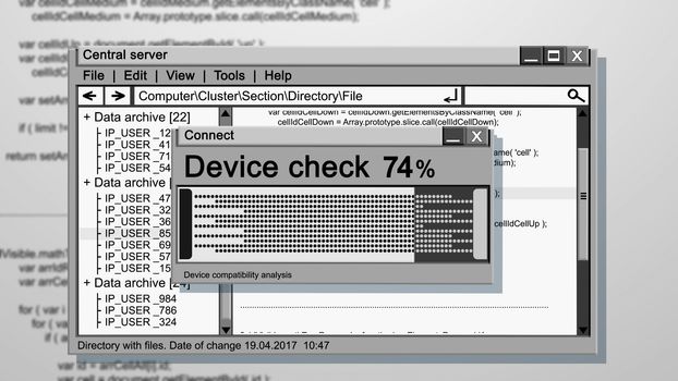 Black and white 3d illustration of an abstract device check illustration. It has three tablets placed on each other. Device check 74 per cent. Central cerver. Windows. 