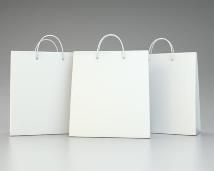 Paper Shopping Bags collection on gray background. 3d rendering