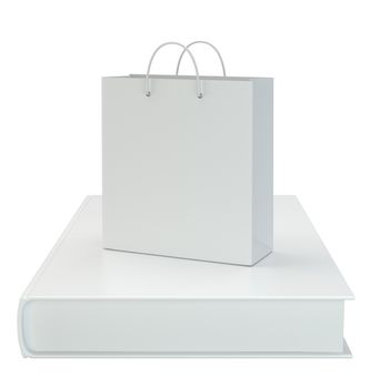 Paper bag with a book isolated on white background. 3d rendering.