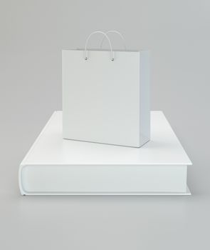 Paper bag with a book on a gray background. 3d rendering.