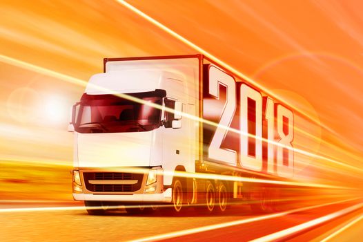 3D illustrationof white truck that moving in tunnel at night
