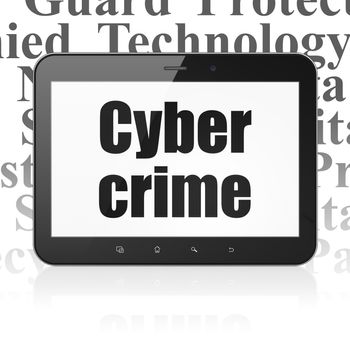 Safety concept: Tablet Computer with  black text Cyber Crime on display,  Tag Cloud background, 3D rendering