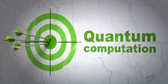 Success Science concept: arrows hitting the center of target, Green Quantum Computation on wall background, 3D rendering