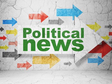 News concept:  arrow with Political News on grunge textured concrete wall background, 3D rendering