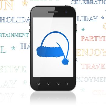 Holiday concept: Smartphone with  blue Christmas Hat icon on display,  Tag Cloud background, 3D rendering