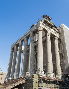 Temple Emperor Antonius and Wife Faustina with Corinthian Columns at Roman Forum, Rome, Italy. It is an ancient Roman temple adapted as a Roman Catholic church.