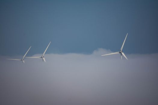 wind turbines engulfed in fogbank