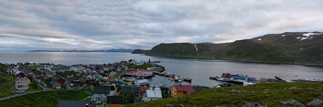 Panoramic view of the city and the port of Honningsvag, Norway