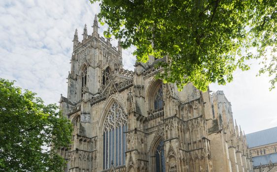 West approach to York cathedral through trees