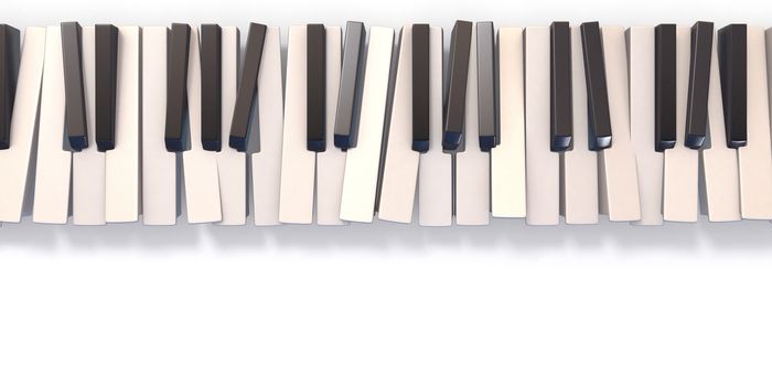 Unordered abstract piano keyboard 3D render illustration isolated on white background.