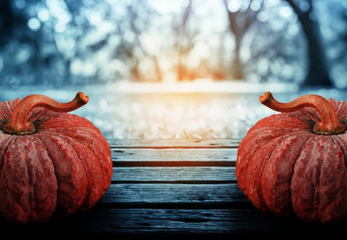 Pumpkin on wooden with darkness in the park.