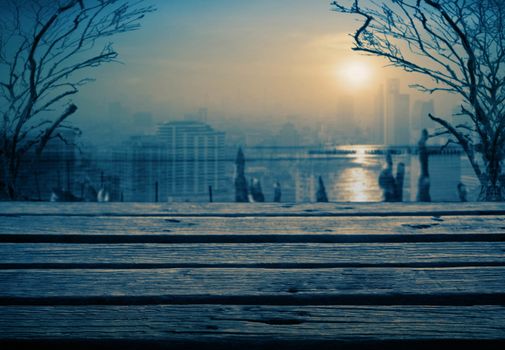 Wood walkway at river with the city background.