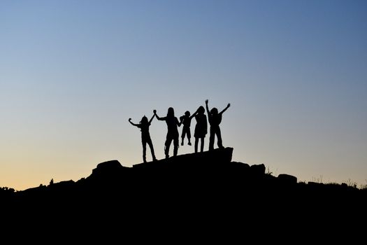 summit successful family group in the mountains