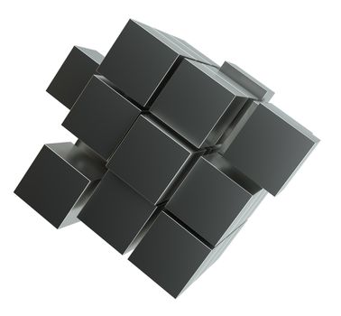 Abstract 3d illustration of cube assembling from blocks. Isolated on white. Template for your design