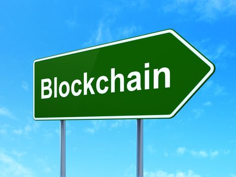 Money concept: Blockchain on green road highway sign, clear blue sky background, 3D rendering