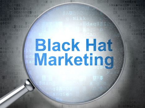 Marketing concept: magnifying optical glass with words Black Hat Marketing on digital background, 3D rendering