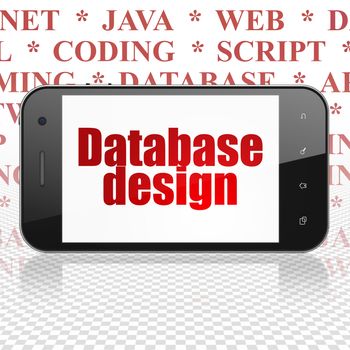 Programming concept: Smartphone with  red text Database Design on display,  Tag Cloud background, 3D rendering
