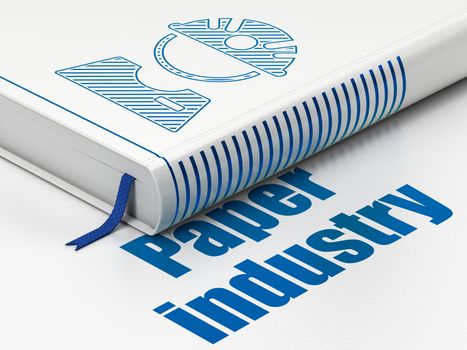 Manufacuring concept: closed book with Blue Factory Worker icon and text Paper Industry on floor, white background, 3D rendering