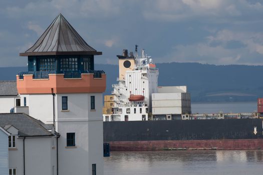 a container ship passes the closest to the uk mainland at Kings Road channel at Portishead