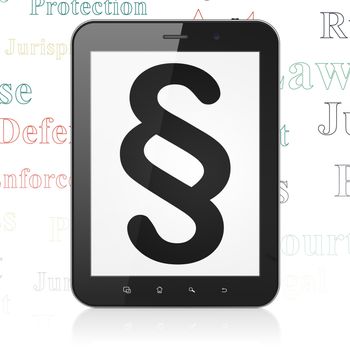 Law concept: Tablet Computer with  black Paragraph icon on display,  Tag Cloud background, 3D rendering