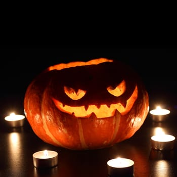 Illuminated cute halloween pumpkin and burning candles isolated on black background
