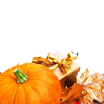 Halloween pumpkin with autumn leafs and gift isolated on white