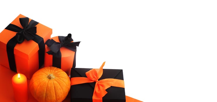 Halloween pumpkin and gifts isolated on white background, corner composition with copy space