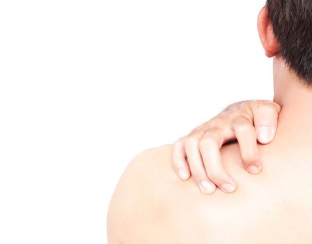 Closeup man hand itching on shoulder and back, healthy care and medical concept