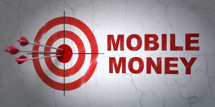 Success banking concept: arrows hitting the center of target, Red Mobile Money on wall background, 3D rendering