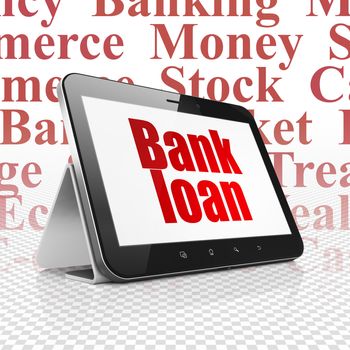 Banking concept: Tablet Computer with  red text Bank Loan on display,  Tag Cloud background, 3D rendering