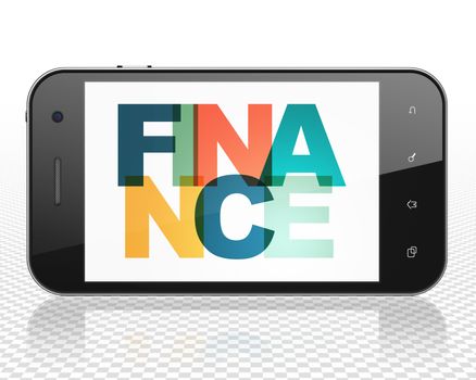 Currency concept: Smartphone with Painted multicolor text Finance on display, 3D rendering