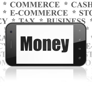 Money concept: Smartphone with  black text Money on display,  Tag Cloud background, 3D rendering