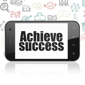 Business concept: Smartphone with  black text Achieve Success on display,  Hand Drawn Business Icons background, 3D rendering