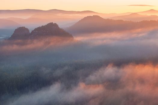 sunrise from foggy Kleiner Winterberg in the national park Saxon Switzerland, Germany