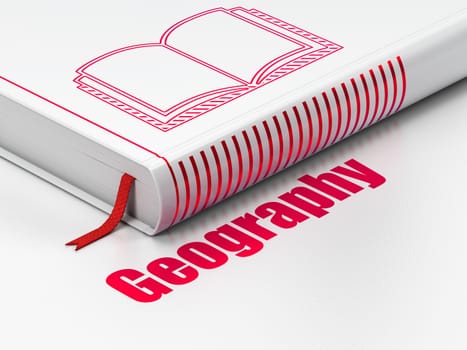 Science concept: closed book with Red Book icon and text Geography on floor, white background, 3D rendering