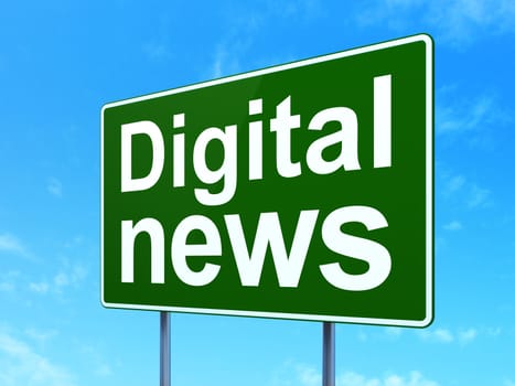 News concept: Digital News on green road highway sign, clear blue sky background, 3D rendering
